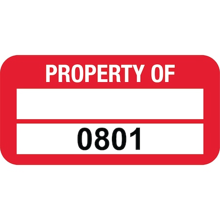 Lustre-Cal VOID Label PROPERTY OF Dark Red 1.50in x 0.75in 1 Blank Pad & Serialized 0801-0900, 100PK 253774Vo2Rd0801
